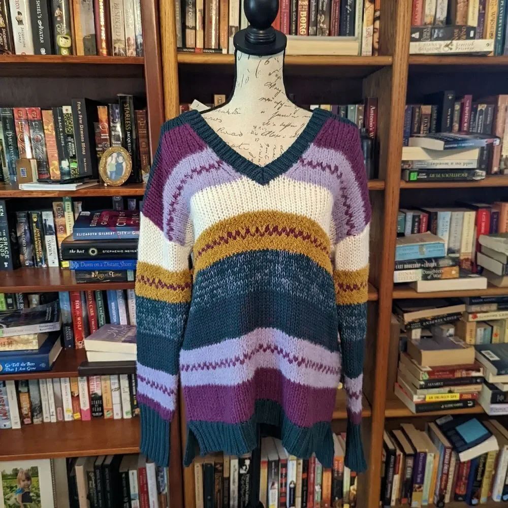 CASLON v neck color block sweater blue green purple sz m nwt